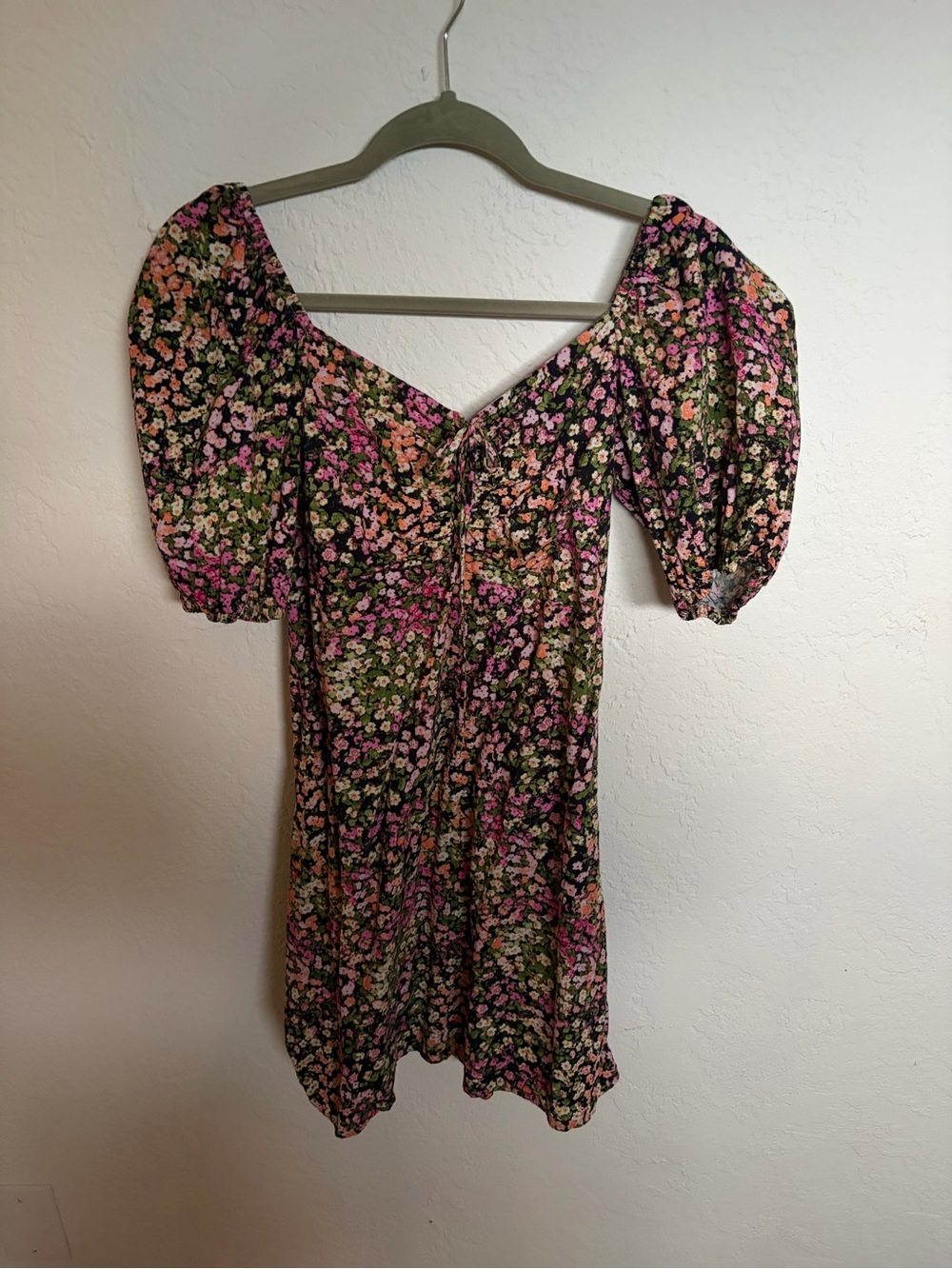 H&M Floral Puff-Sleeve Mini Dress - Black, Pink & Green
